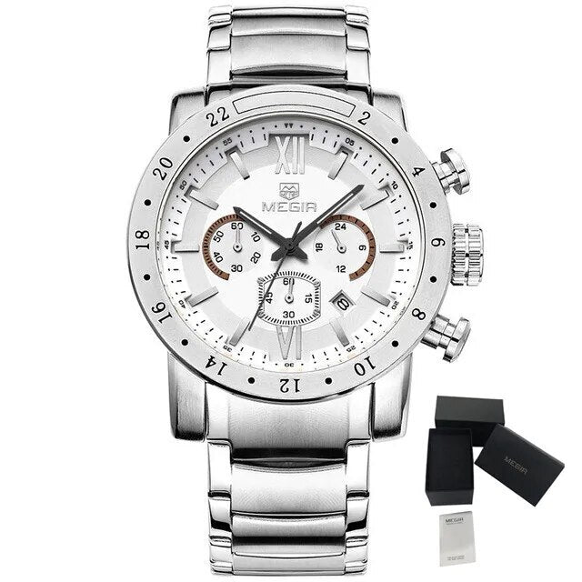 MEGIR Luxury Men's Business Watches Chronograph Waterproof Stainless Steel Quartz Watch Calendar Male Clock Reloj Hombre 3008-17