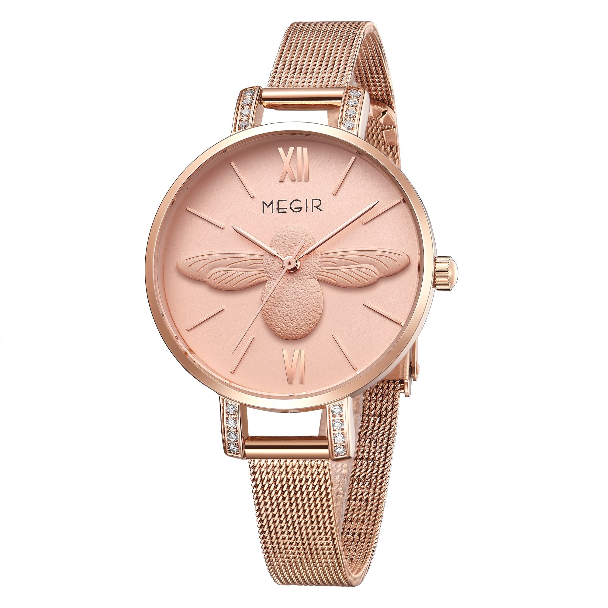 MEGIR Fashion Women Watches Top Brand Luxury Quartz Wristwatch Ladies Rose Gold Mesh Belt Business Casual Watch Reloj Mujer 7009-3
