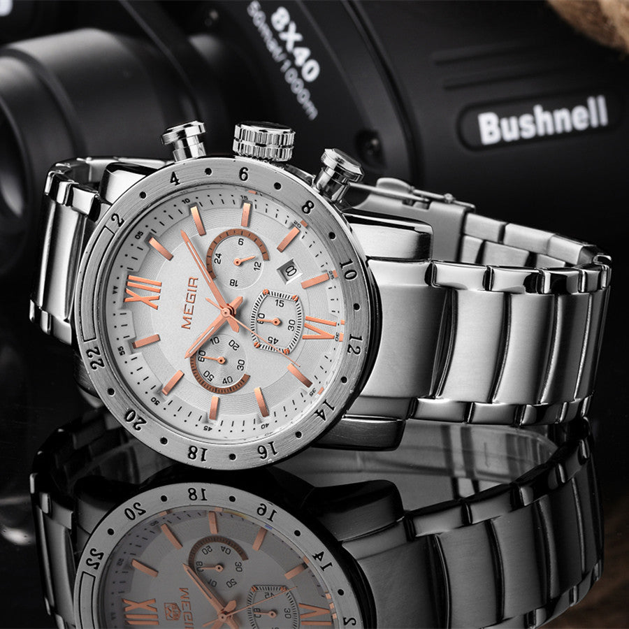 MEGIR Luxury Men's Business Watches Chronograph Waterproof Stainless Steel Quartz Watch Calendar Male Clock Reloj Hombre 3008-1