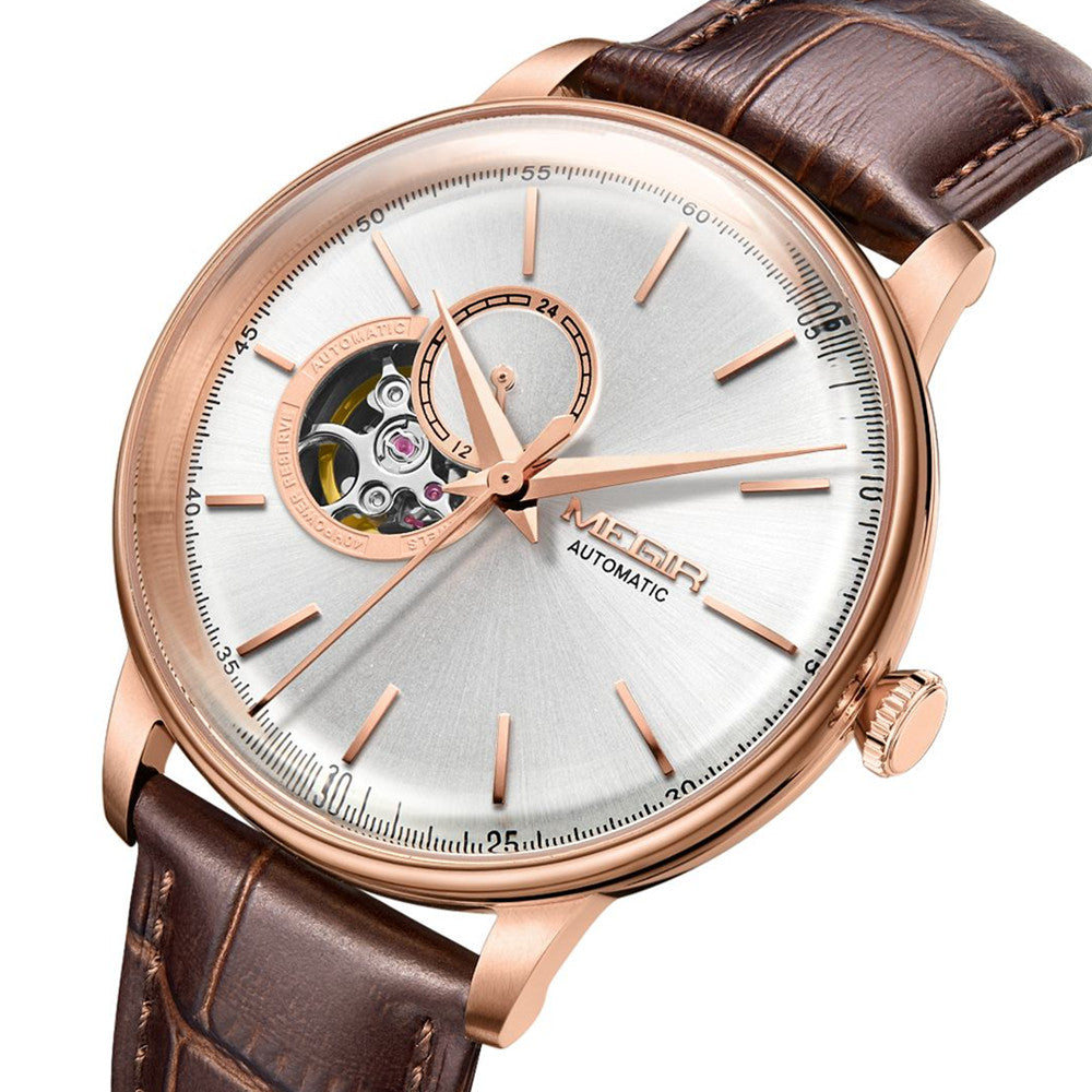 MEGIR Automatic Men's Watch Mechanical Movement Leather Strap Luxury Business Watches 5ATM Waterproof Big Dial Clock Wristwatch-10