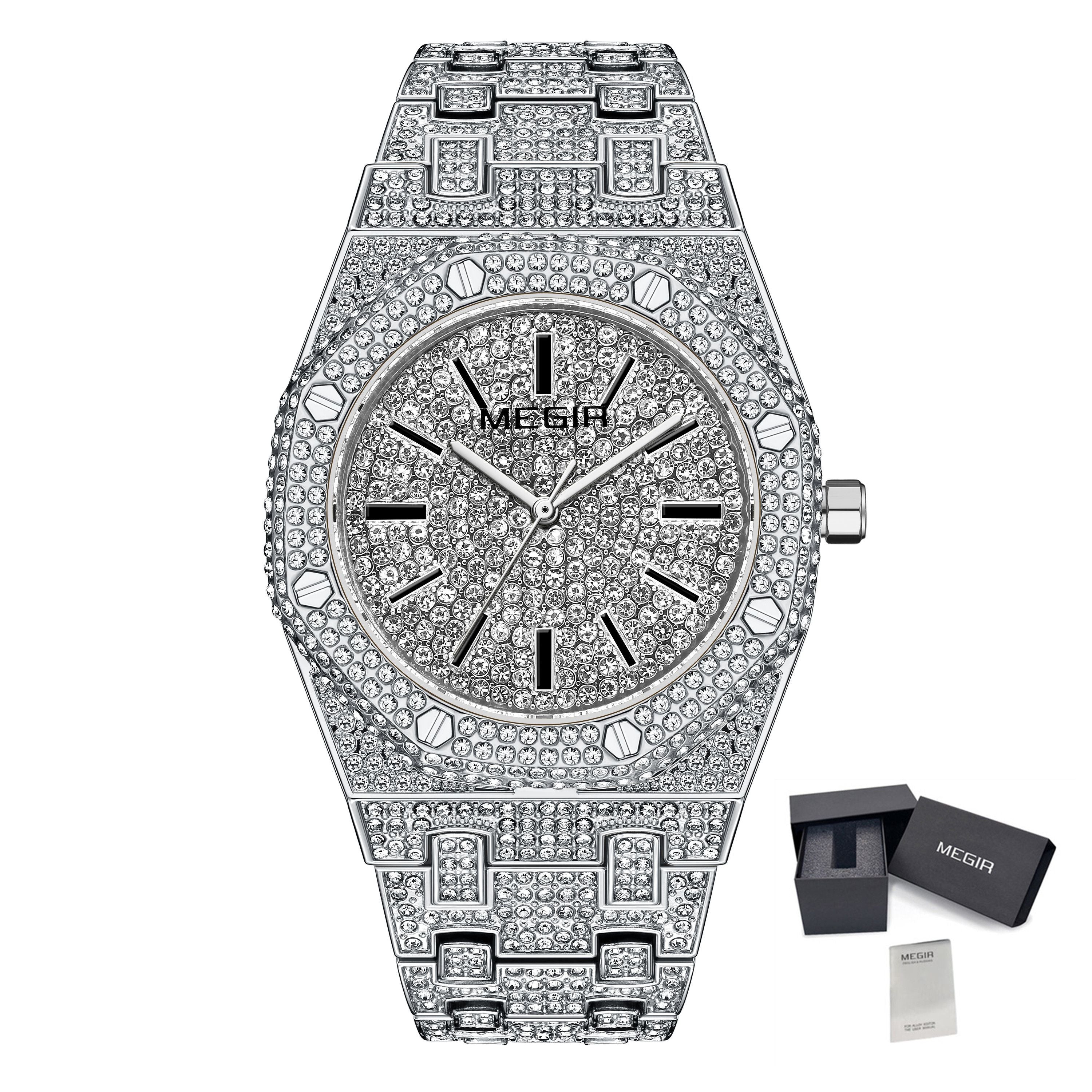 MEGIR Luxury Diamond Men Watches Stainless Steel Band Quartz Wristwatches Waterproof Male Clock Business Watch Reloj Hombre 1091-14