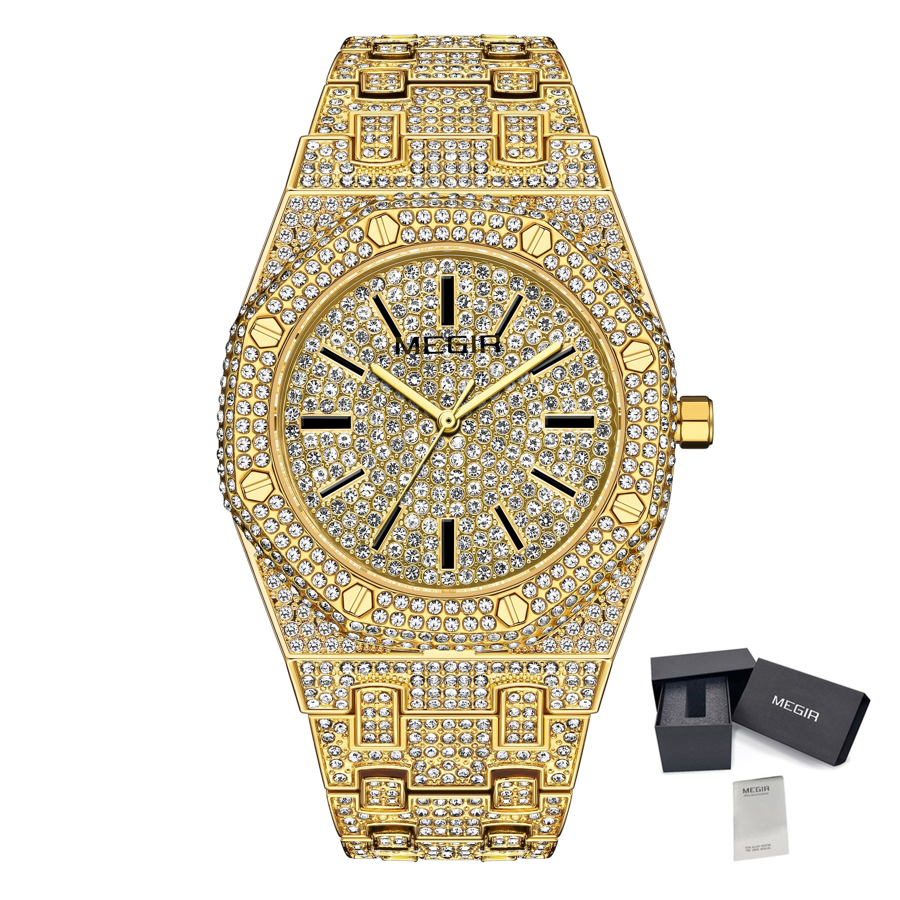 MEGIR Luxury Diamond Men Watches Stainless Steel Band Quartz Wristwatches Waterproof Male Clock Business Watch Reloj Hombre 1091-13