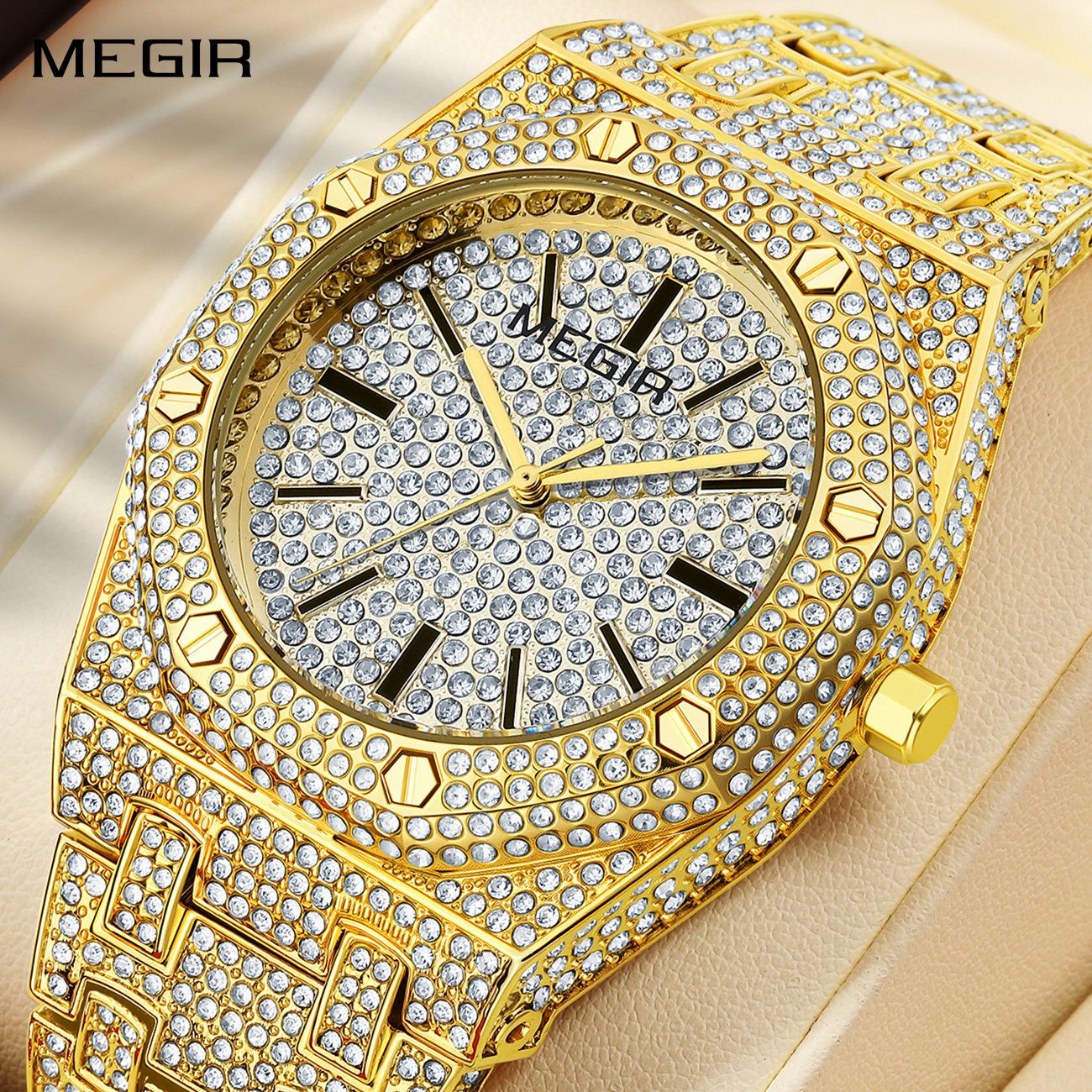 MEGIR Luxury Diamond Men Watches Stainless Steel Band Quartz Wristwatches Waterproof Male Clock Business Watch Reloj Hombre 1091-0