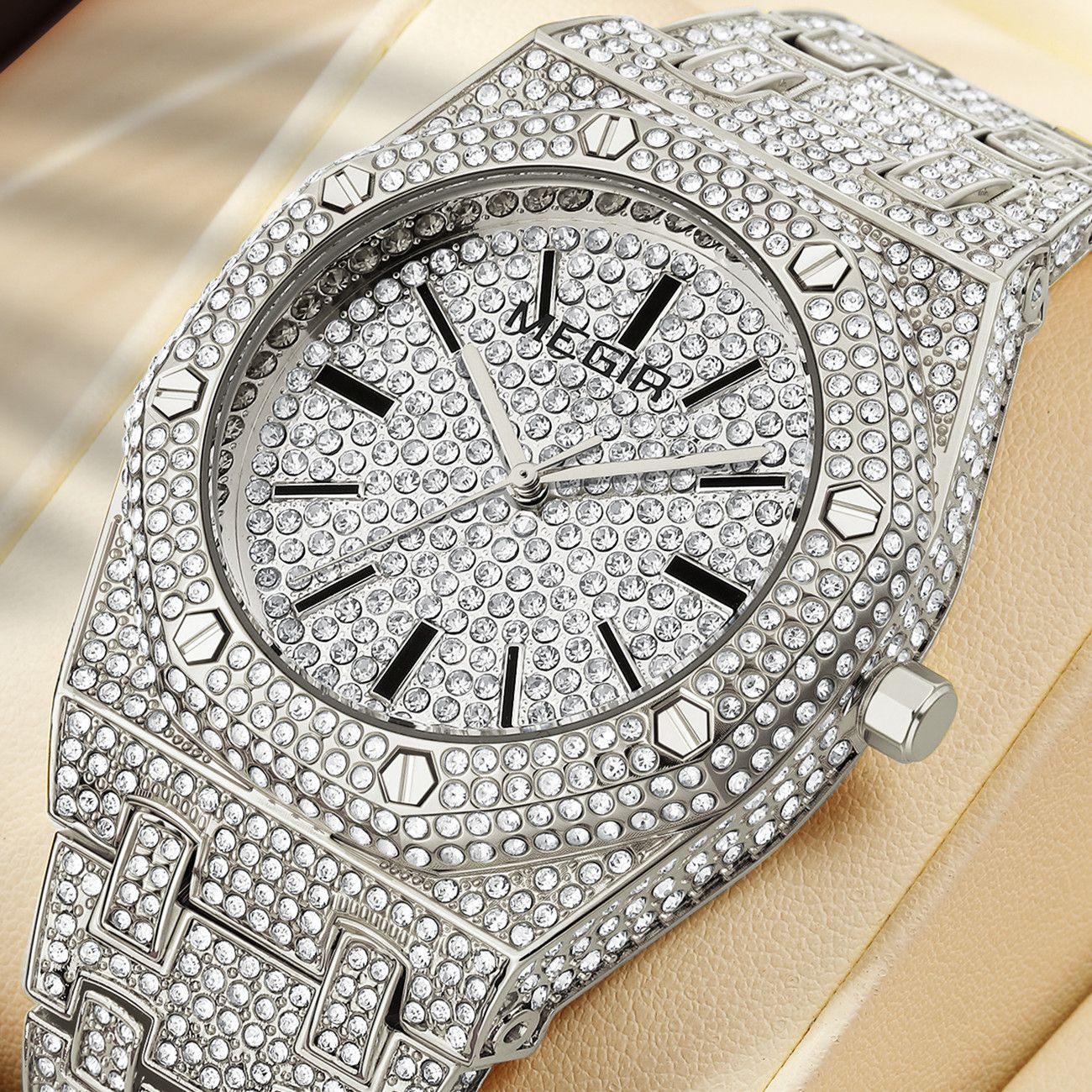 MEGIR Luxury Diamond Men Watches Stainless Steel Band Quartz Wristwatches Waterproof Male Clock Business Watch Reloj Hombre 1091-1