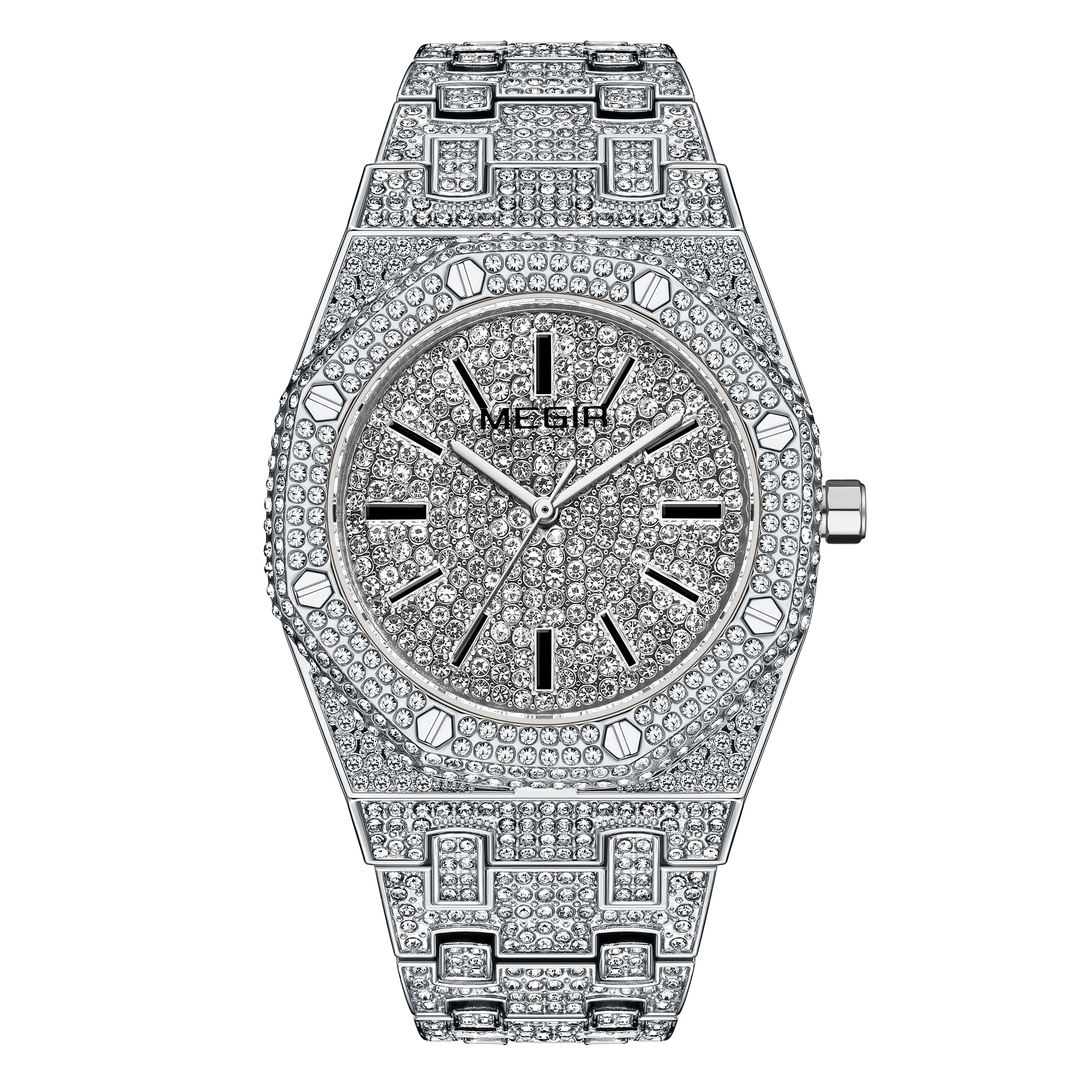 MEGIR Luxury Diamond Men Watches Stainless Steel Band Quartz Wristwatches Waterproof Male Clock Business Watch Reloj Hombre 1091-11