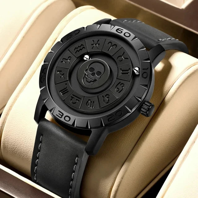 Orologio Uomo FOXBOX Magnetico Puntatore Scorrevole - Pelle Nera Impermeabile Quarzo
