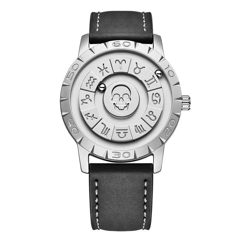 Orologio Uomo FOXBOX Magnetico Puntatore Scorrevole - Pelle Nera Impermeabile Quarzo