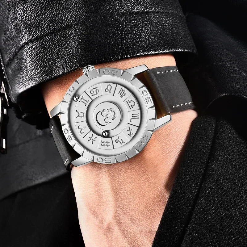 Orologio Uomo FOXBOX Magnetico Puntatore Scorrevole - Pelle Nera Impermeabile Quarzo