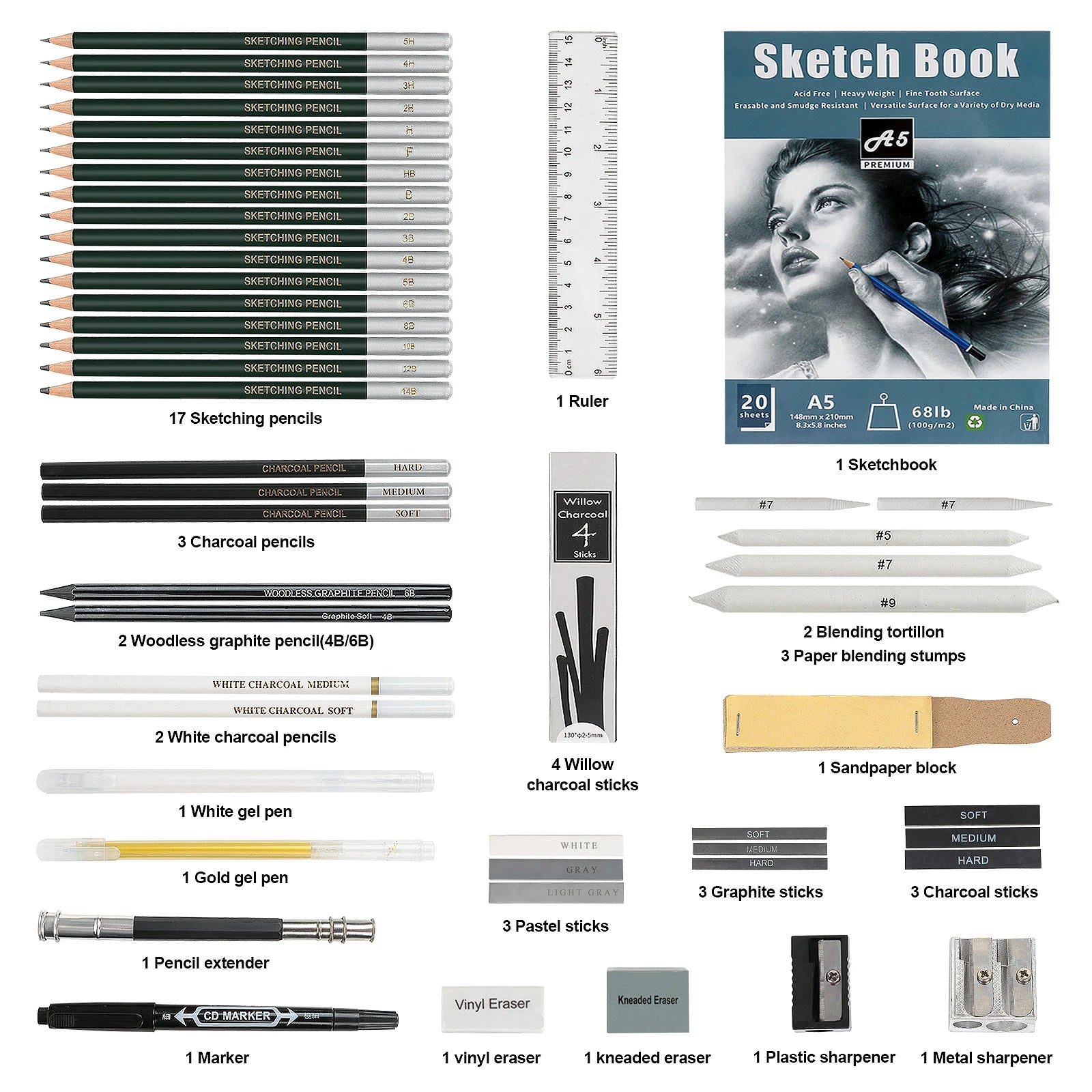 Set Disegno Sketching 12-70 Pezzi - Kit Artistico Professionale Matite Colorate