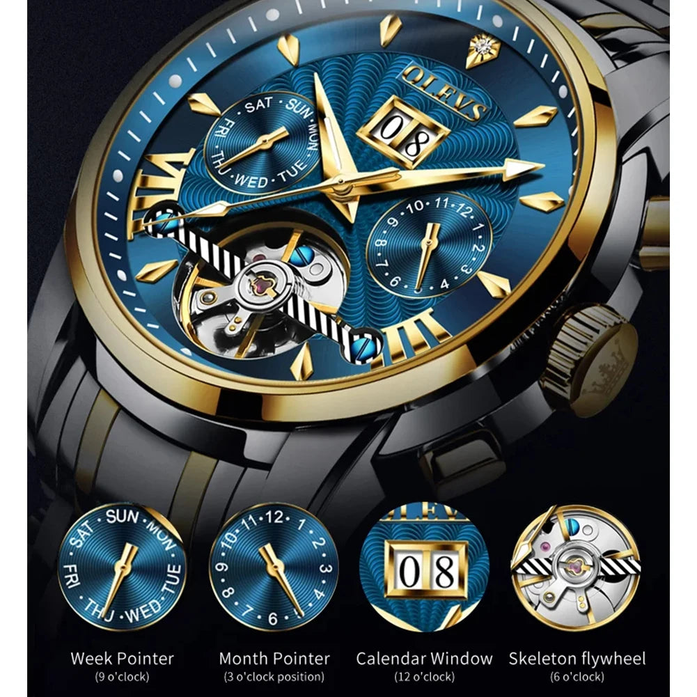 Orologio Automatico OLEVS Skeleton - Meccanico Lusso Uomo con Calendario