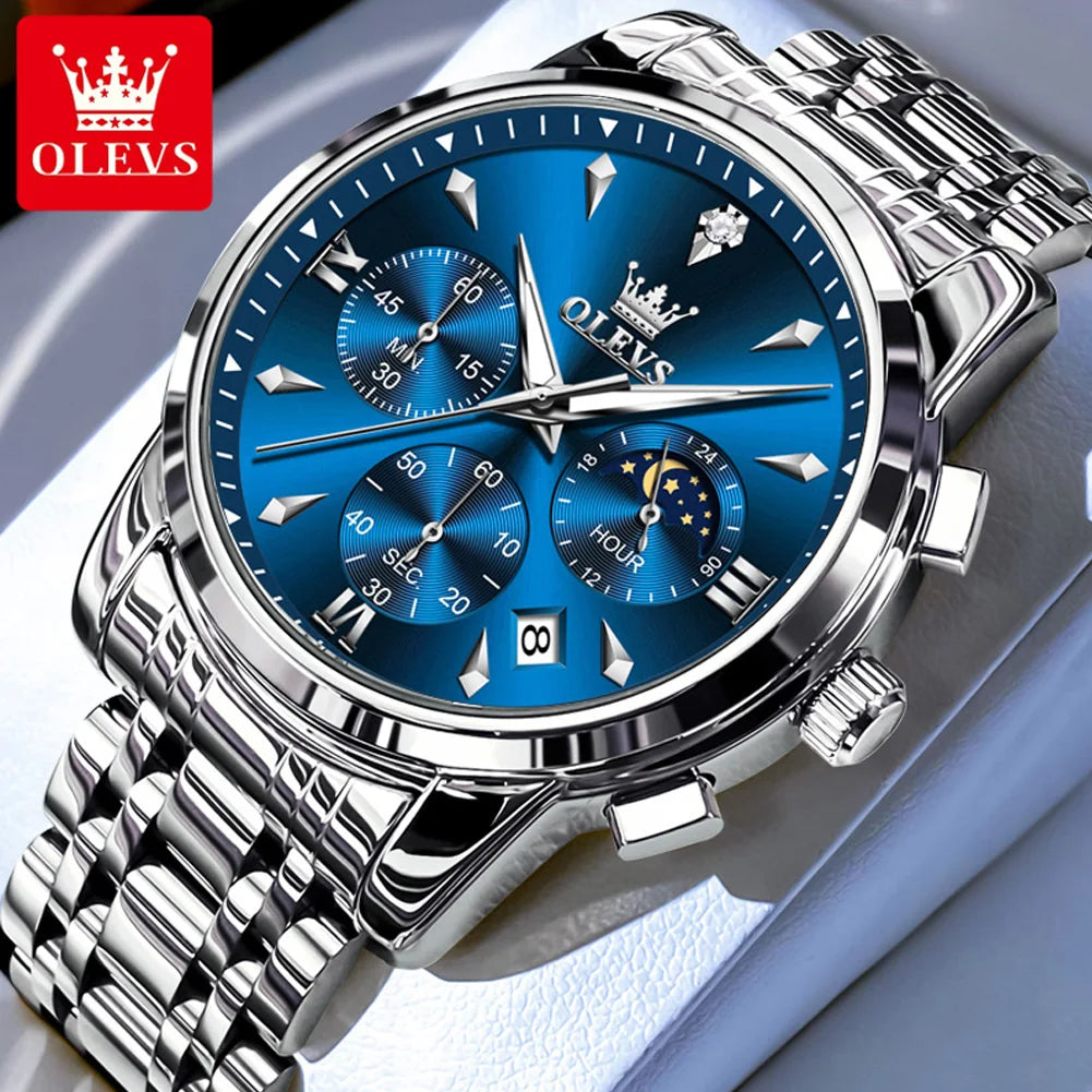 OLEVS 3639 - Orologio da Polso Uomo Quarzo con Fasi Lunari | Acciaio Inox Impermeabile Luminoso