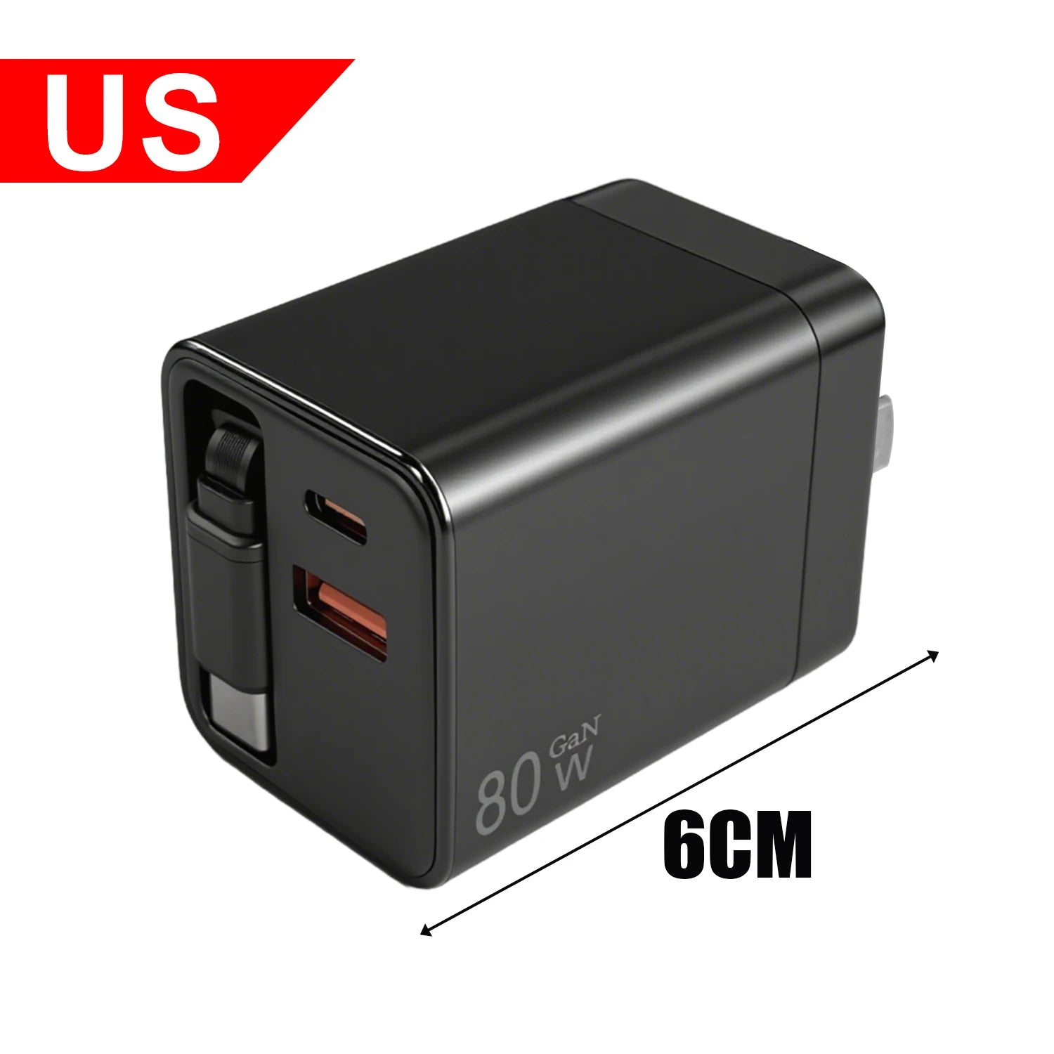 Portable 3 in 1 GaN Charger 80W MAX Fast Charger with Retractable Data Cable for iPhone 17 Airpods Macbook Phone Tablet Charger