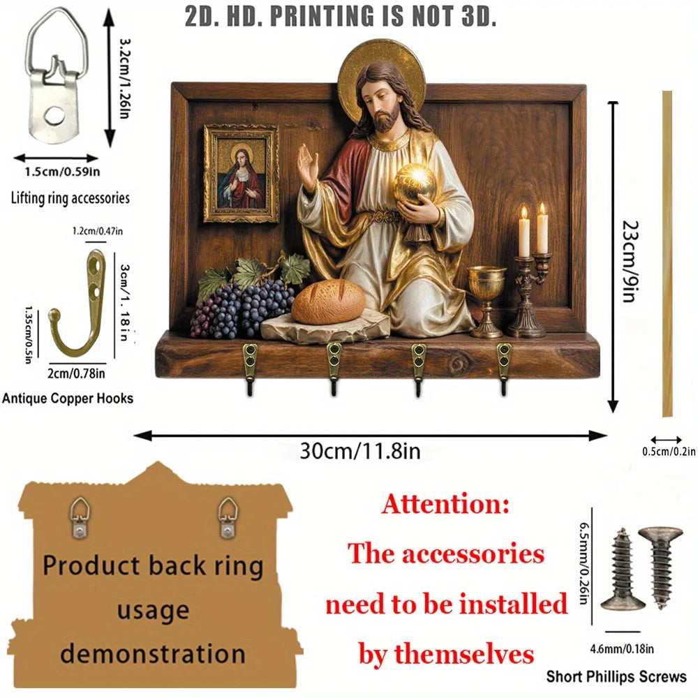 Portachiavi da Parete Legno Sacro Cuore - 4 Ganci Metallo Decorazione Casa