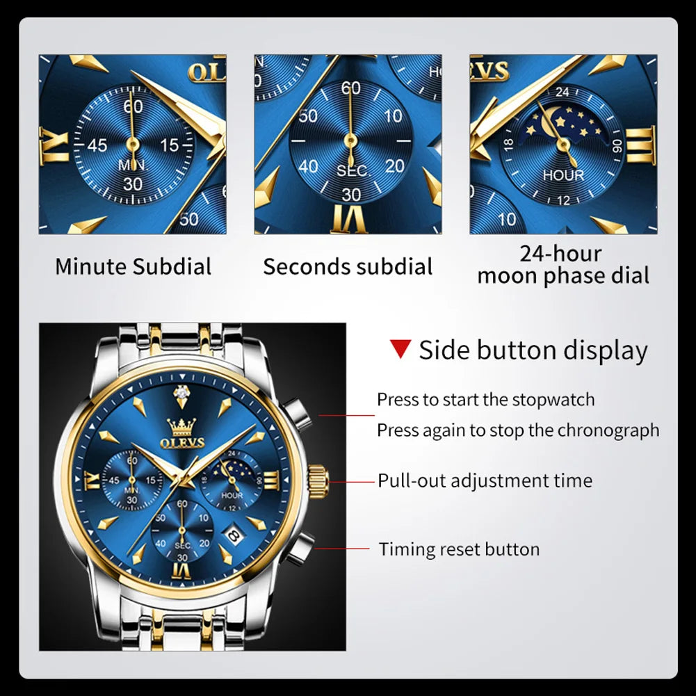 OLEVS 3639 - Orologio da Polso Uomo Quarzo con Fasi Lunari | Acciaio Inox Impermeabile Luminoso