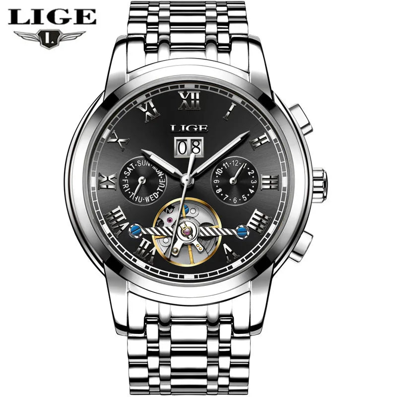 LIGE Orologio Uomo Automatico Tourbillon Meccanico - Luxury Business Impermeabile Sport