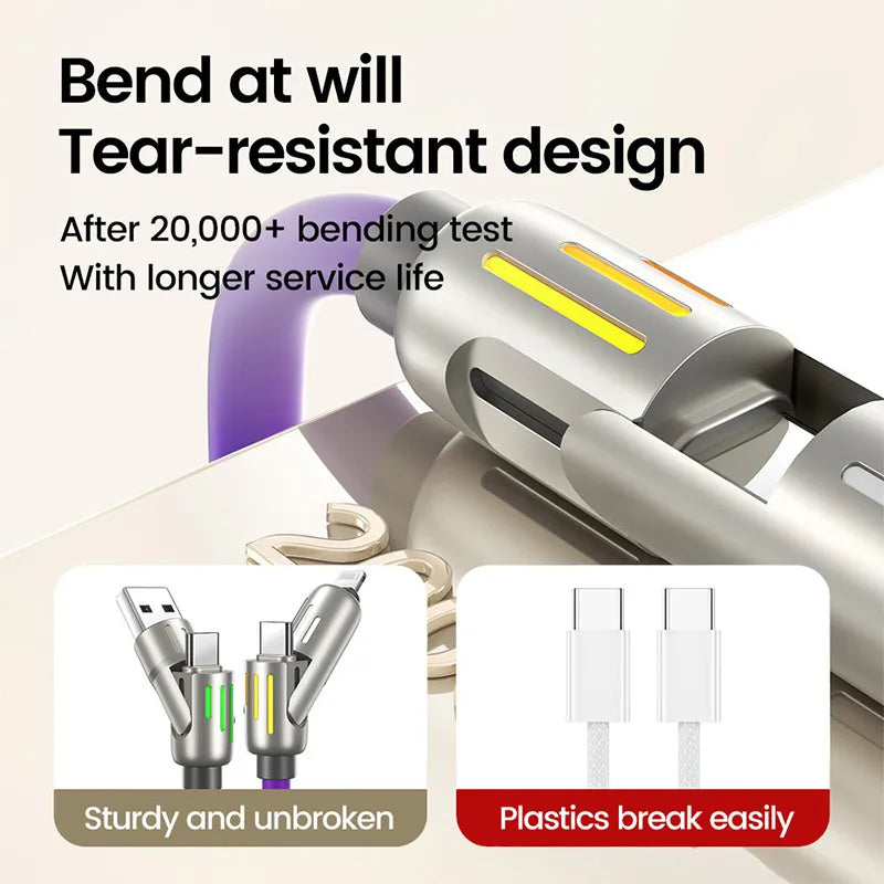 240W 4-in-1 Fast Charging Data Cable Multi Connectors Charger Rotating Lightning Micro USB Type-C Mobile Phone Charging Cable