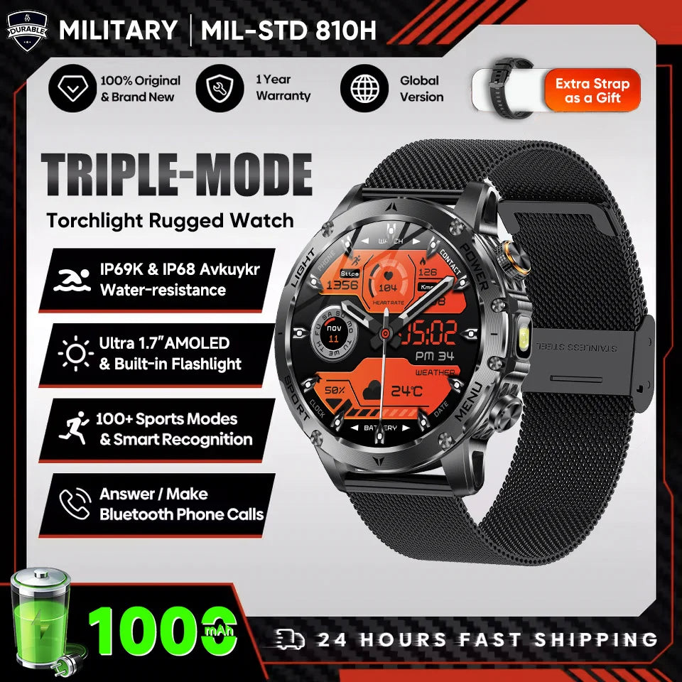 New Men Military Outdoor 1000mAh Battery Smart Watch GPS NFC Watches 3ATM Waterproof Swim 1.7-inch HD Bluetooth Call Smartwatch