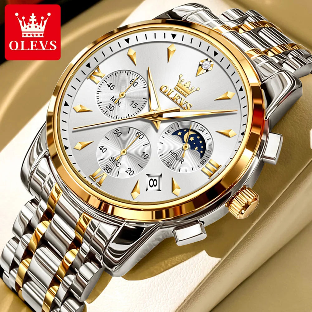 OLEVS 3639 - Orologio da Polso Uomo Quarzo con Fasi Lunari | Acciaio Inox Impermeabile Luminoso