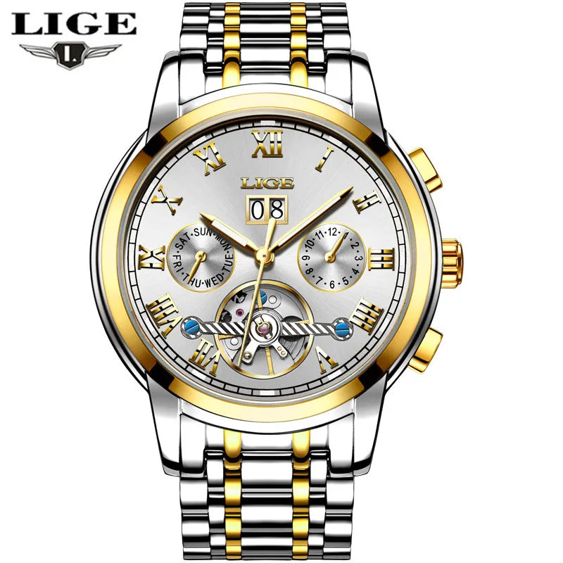 LIGE Orologio Uomo Automatico Tourbillon Meccanico - Luxury Business Impermeabile Sport