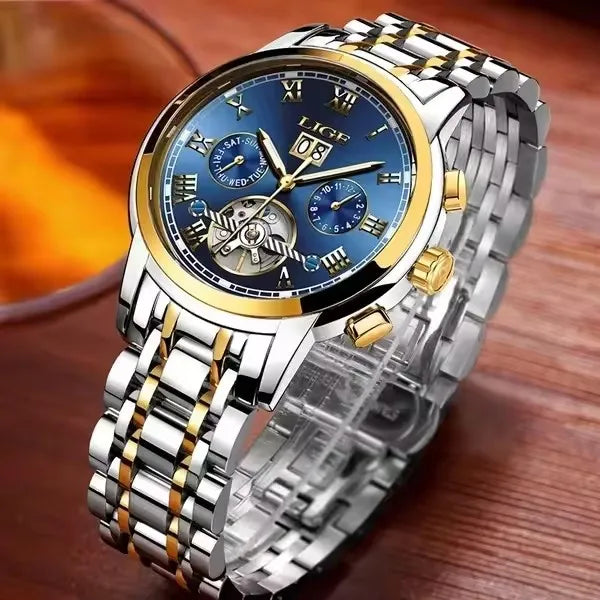 LIGE Orologio Uomo Automatico Tourbillon Meccanico - Luxury Business Impermeabile Sport