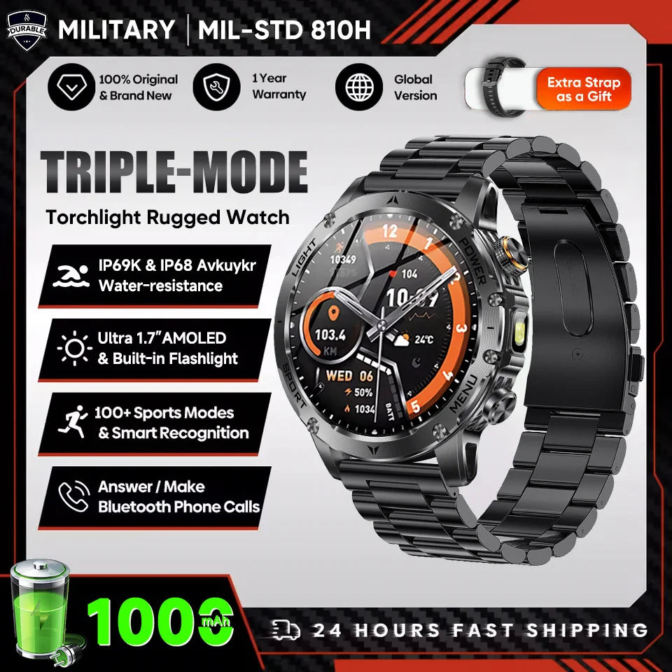 New Men Military Outdoor 1000mAh Battery Smart Watch GPS NFC Watches 3ATM Waterproof Swim 1.7-inch HD Bluetooth Call Smartwatch