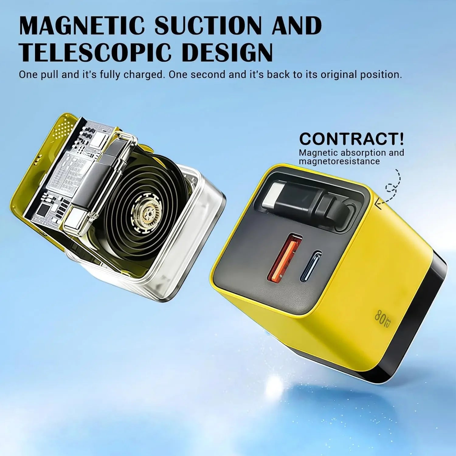 Portable 3 in 1 GaN Charger 80W MAX Fast Charger with Retractable Data Cable for iPhone 17 Airpods Macbook Phone Tablet Charger