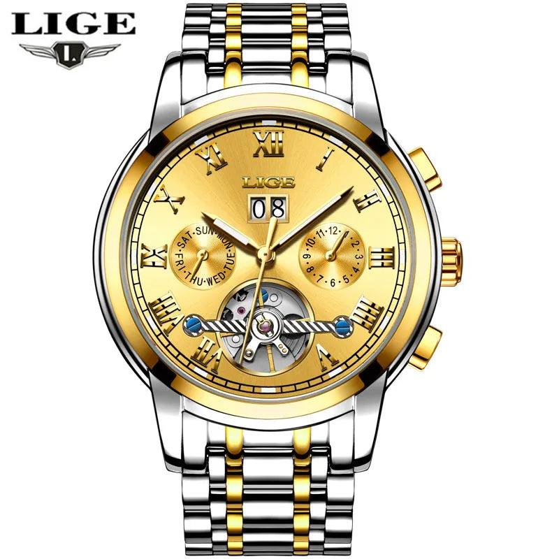 LIGE Orologio Uomo Automatico Tourbillon Meccanico - Luxury Business Impermeabile Sport