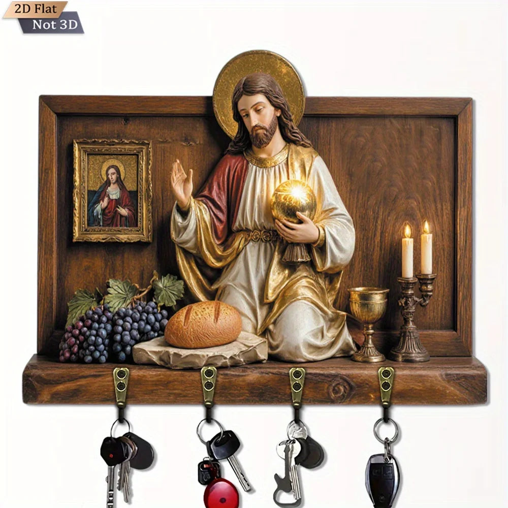Portachiavi da Parete Legno Sacro Cuore - 4 Ganci Metallo Decorazione Casa