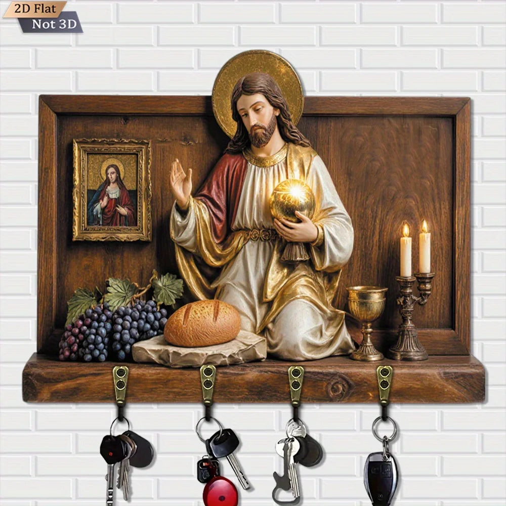 Portachiavi da Parete Legno Sacro Cuore - 4 Ganci Metallo Decorazione Casa
