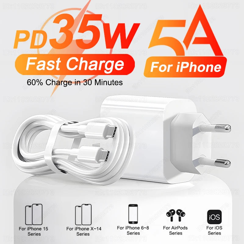 Caricabatterie USB-C 35W Ricarica Rapida iPhone 16 15 14 13 12 11 Pro Max