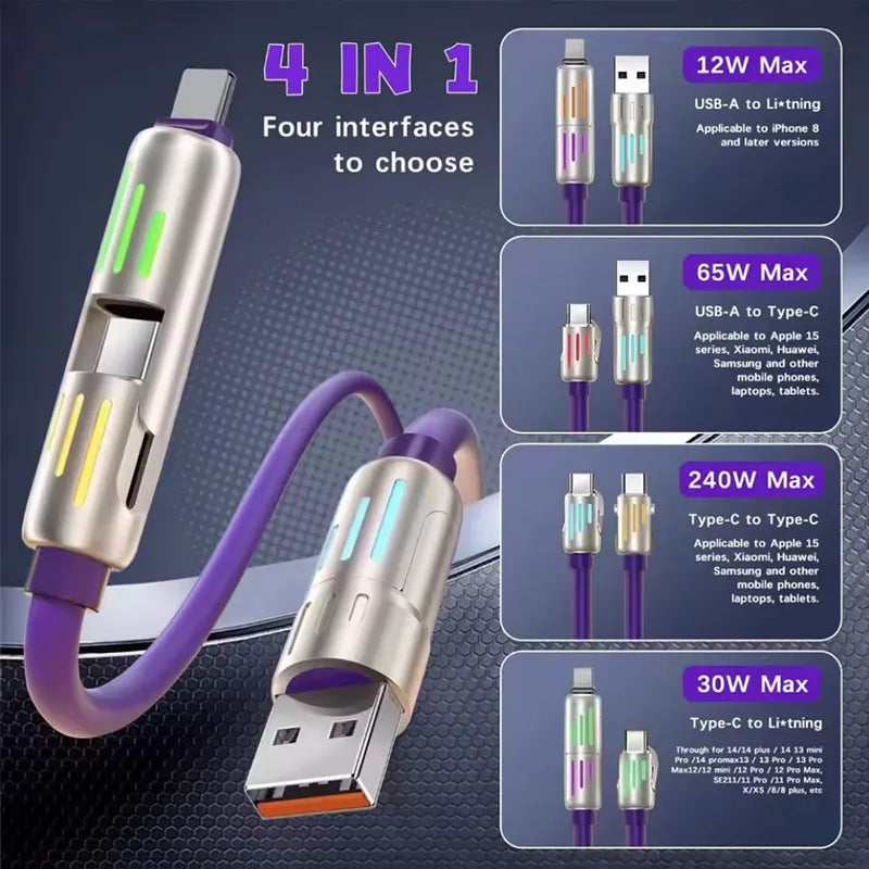 240W 4-in-1 Fast Charging Data Cable Multi Connectors Charger Rotating Lightning Micro USB Type-C Mobile Phone Charging Cable