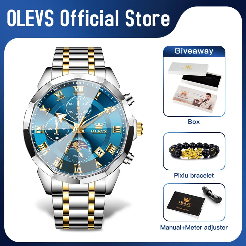 OLEVS 3675 Orologio Uomo Cronografo Multifunzione con Fasi Lunari - Quarzo Impermeabile