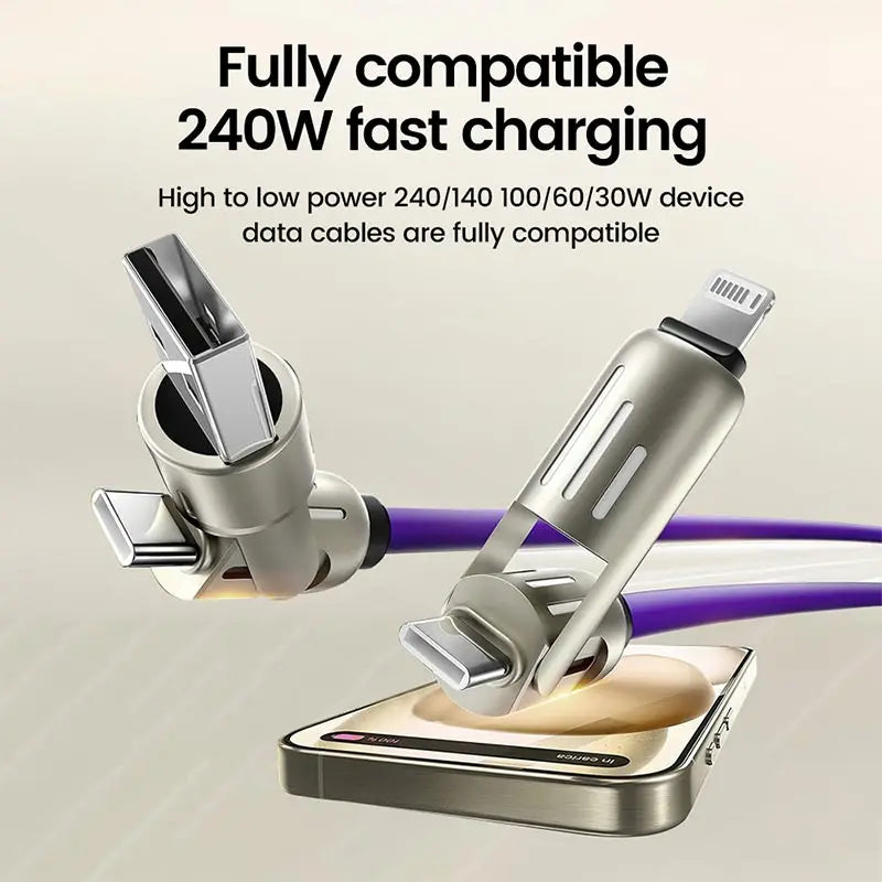240W 4-in-1 Fast Charging Data Cable Multi Connectors Charger Rotating Lightning Micro USB Type-C Mobile Phone Charging Cable