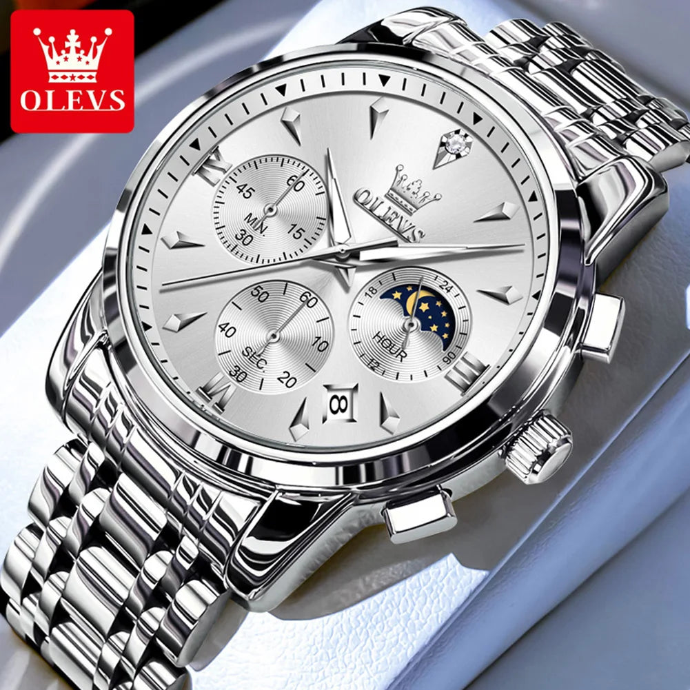 OLEVS 3639 - Orologio da Polso Uomo Quarzo con Fasi Lunari | Acciaio Inox Impermeabile Luminoso