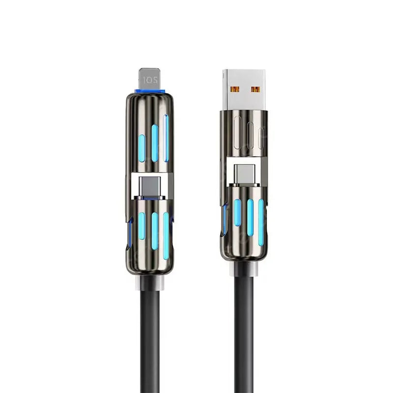 240W 4-in-1 Fast Charging Data Cable Multi Connectors Charger Rotating Lightning Micro USB Type-C Mobile Phone Charging Cable