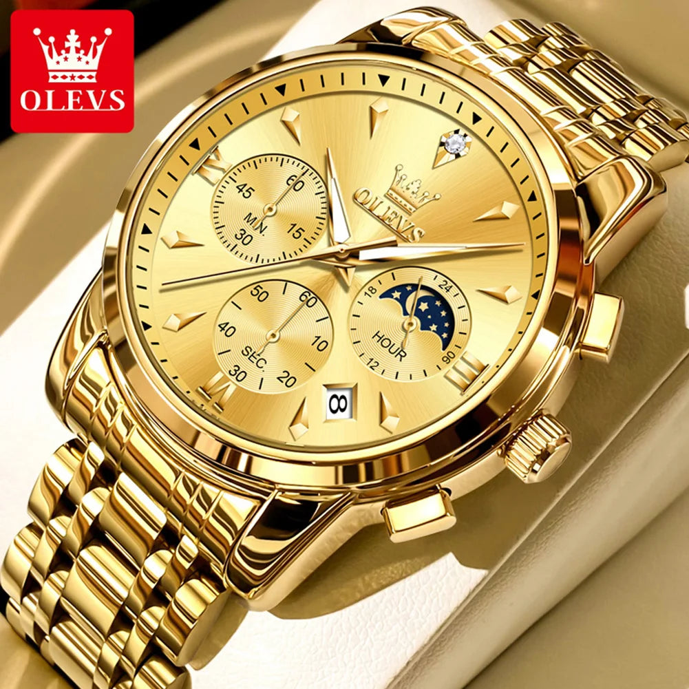 OLEVS 3639 - Orologio da Polso Uomo Quarzo con Fasi Lunari | Acciaio Inox Impermeabile Luminoso