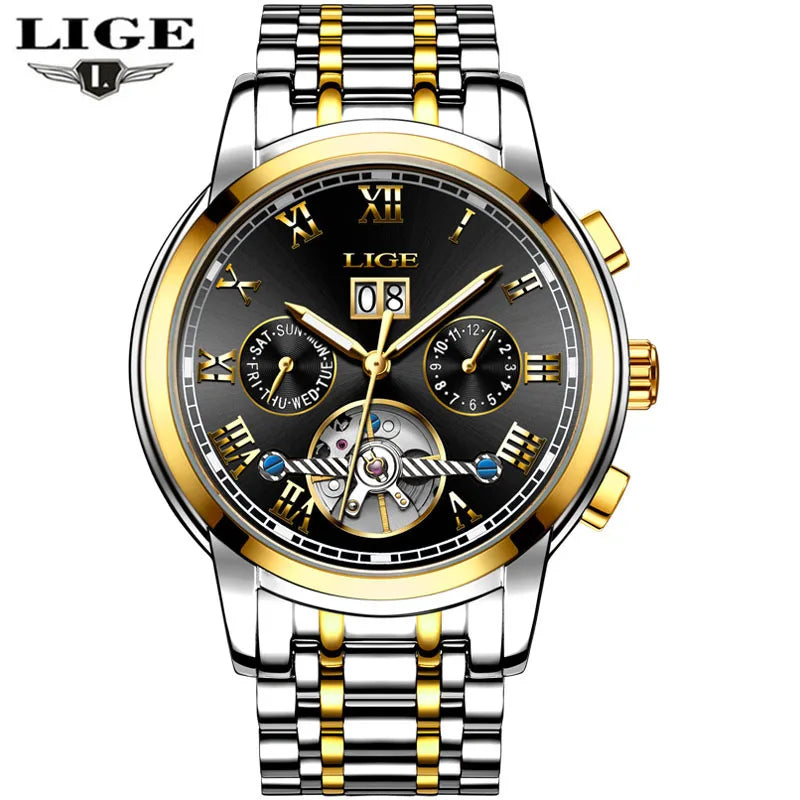LIGE Orologio Uomo Automatico Tourbillon Meccanico - Luxury Business Impermeabile Sport