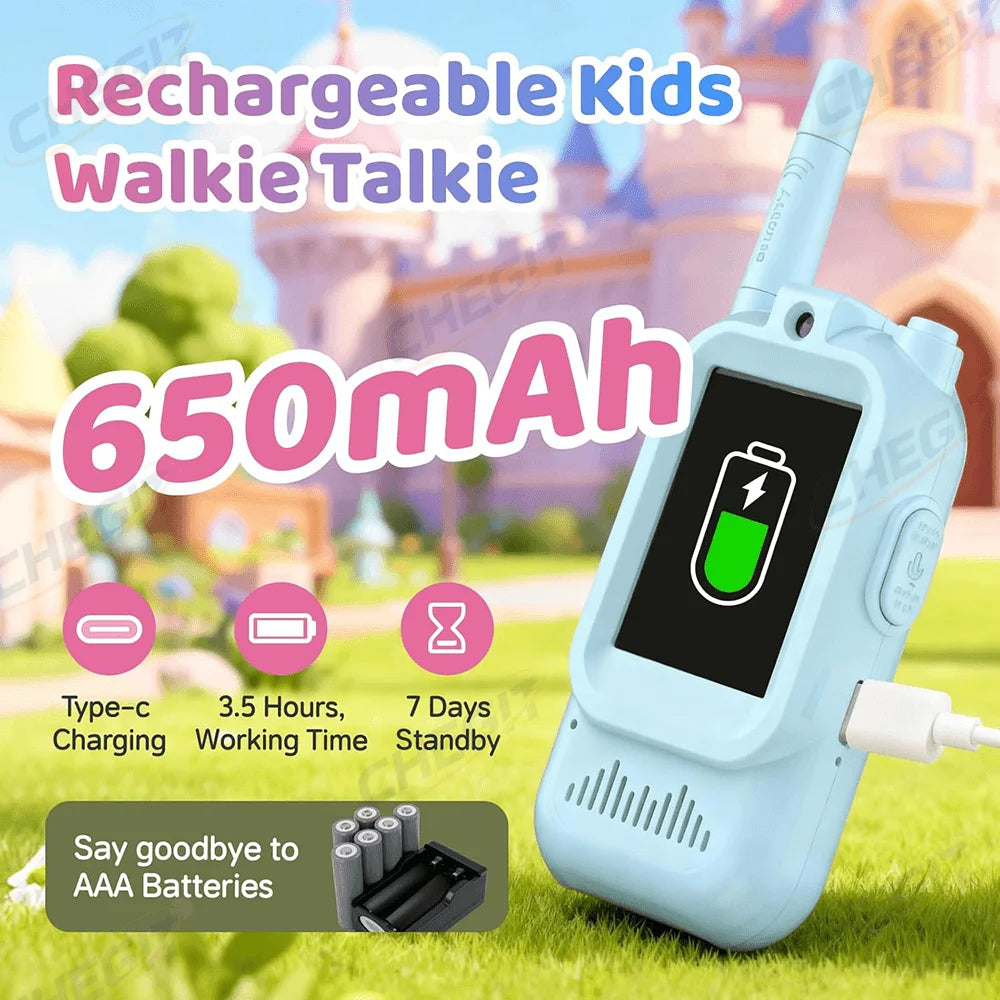 Walkie-Talkie Video Bambini Ricaricabile USB-C Schermo HD 2" Chiamata One-Click Interfono Cartoon Regalo Natale