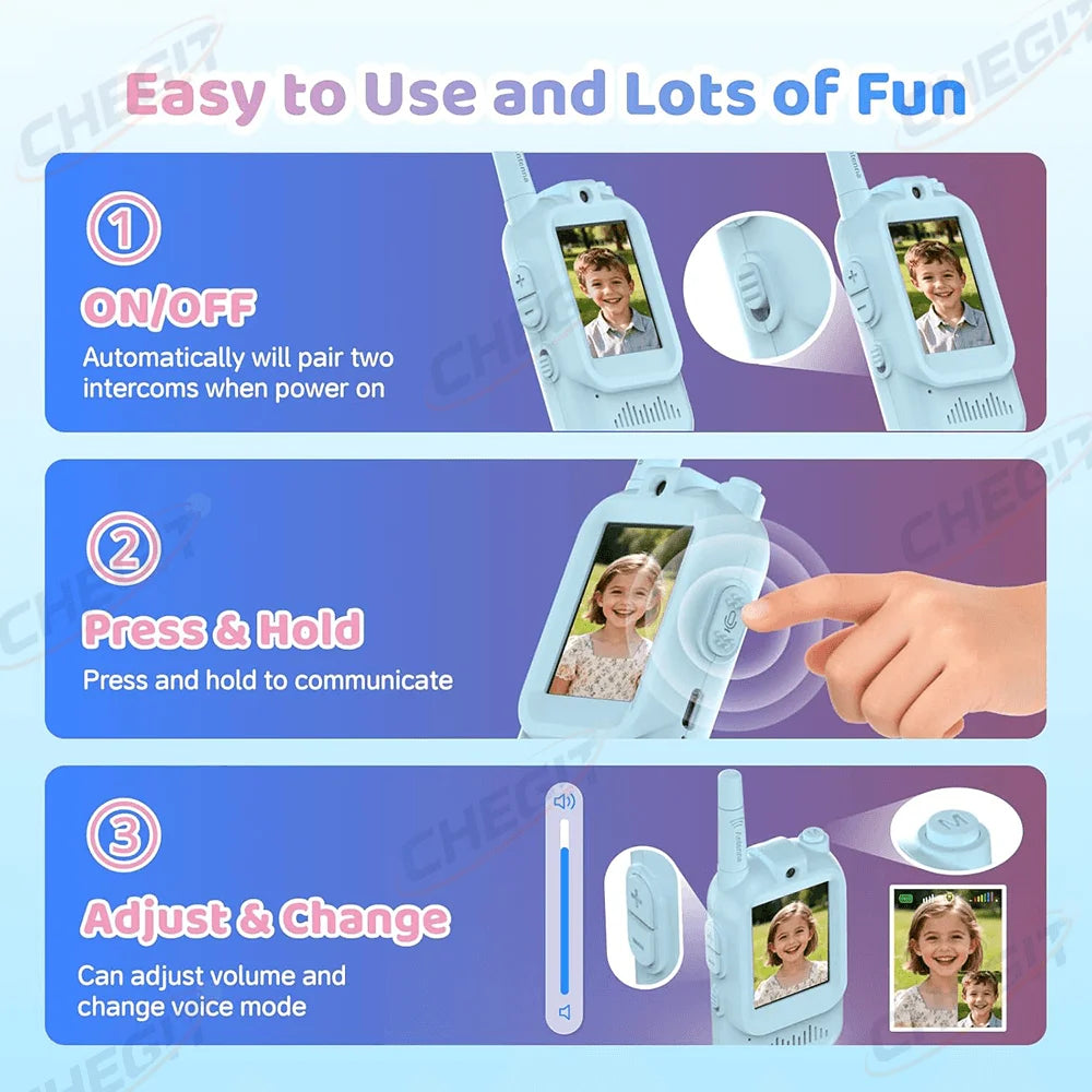 Walkie-Talkie Video Bambini Ricaricabile USB-C Schermo HD 2" Chiamata One-Click Interfono Cartoon Regalo Natale