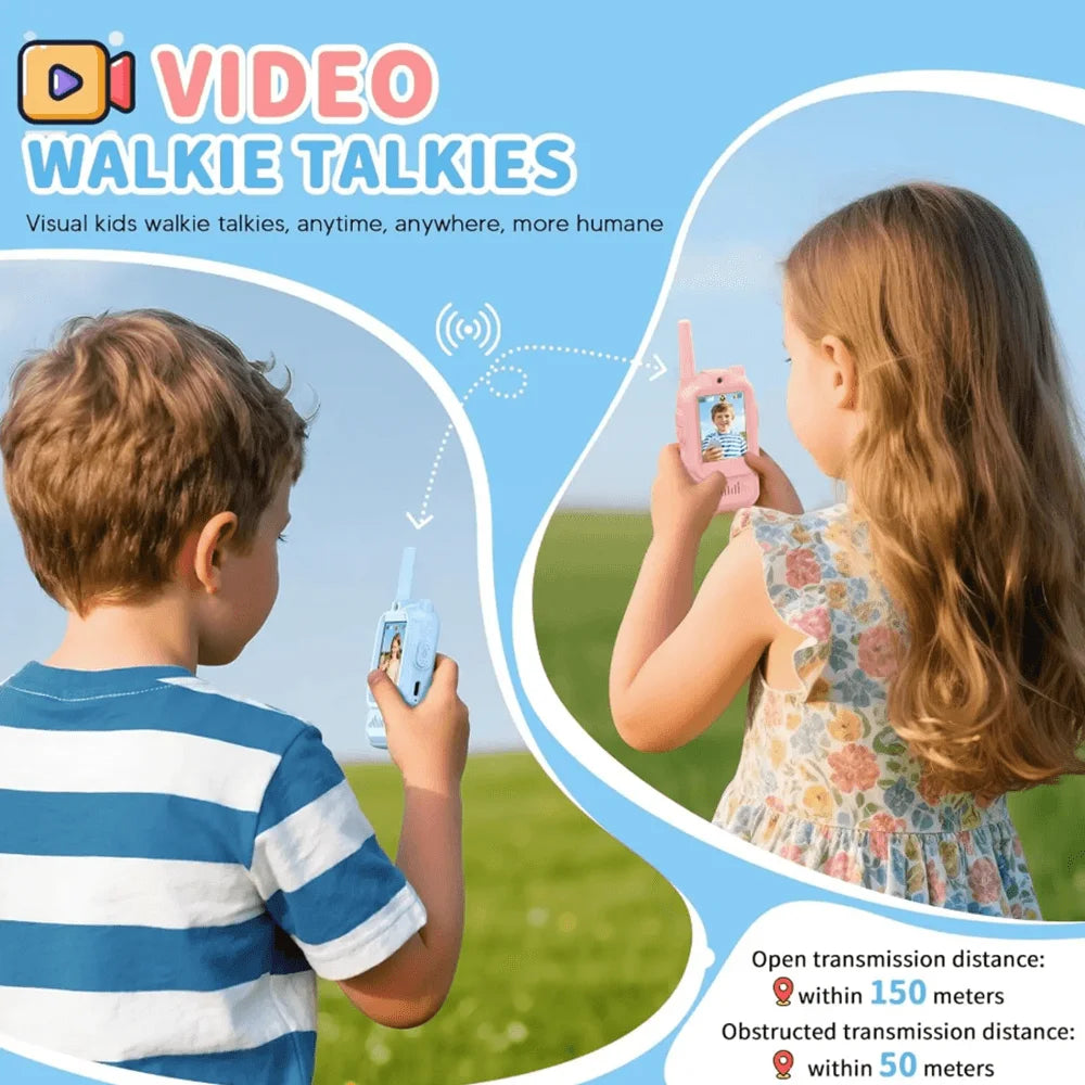 Walkie-Talkie Video Bambini Ricaricabile USB-C Schermo HD 2" Chiamata One-Click Interfono Cartoon Regalo Natale