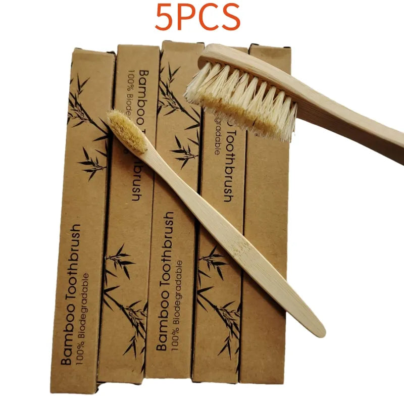 5 Pcs Natural Bristle Bamboo Toothbrush with Boar Bristles Compostable Eco-Friendly Biodegradable Zero Waste Toothbrushes