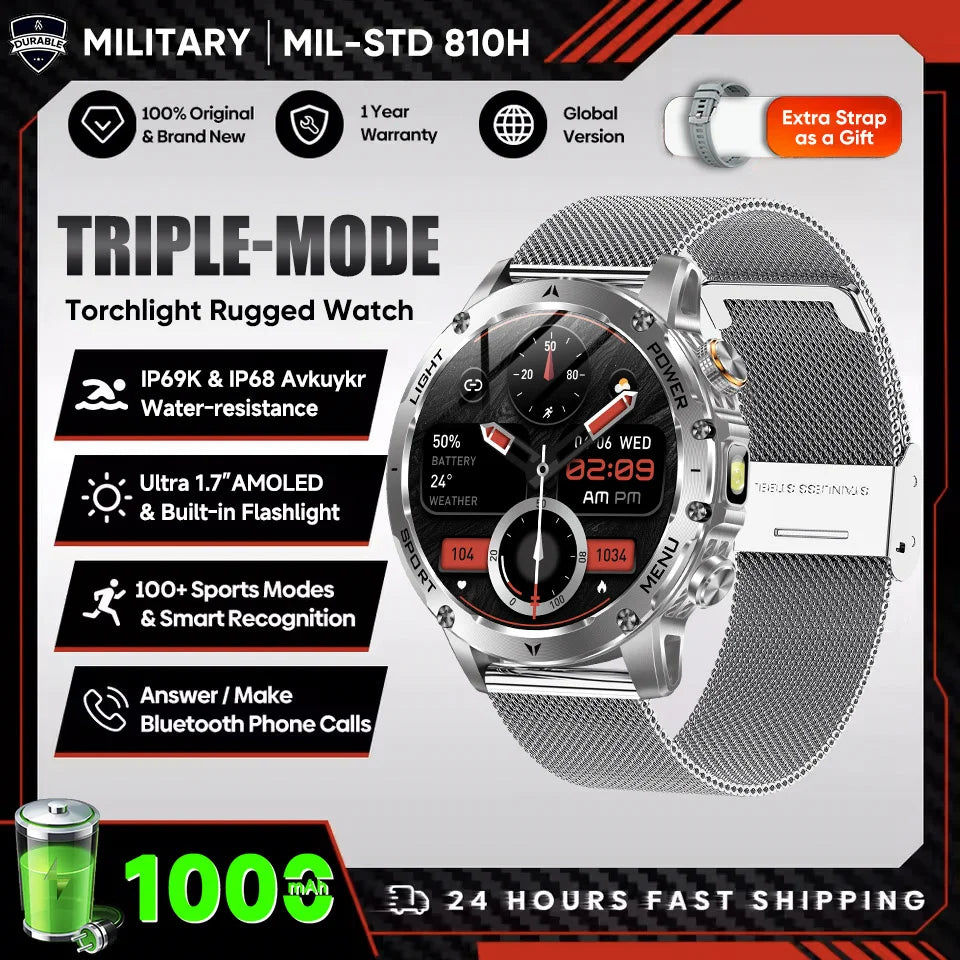 New Men Military Outdoor 1000mAh Battery Smart Watch GPS NFC Watches 3ATM Waterproof Swim 1.7-inch HD Bluetooth Call Smartwatch