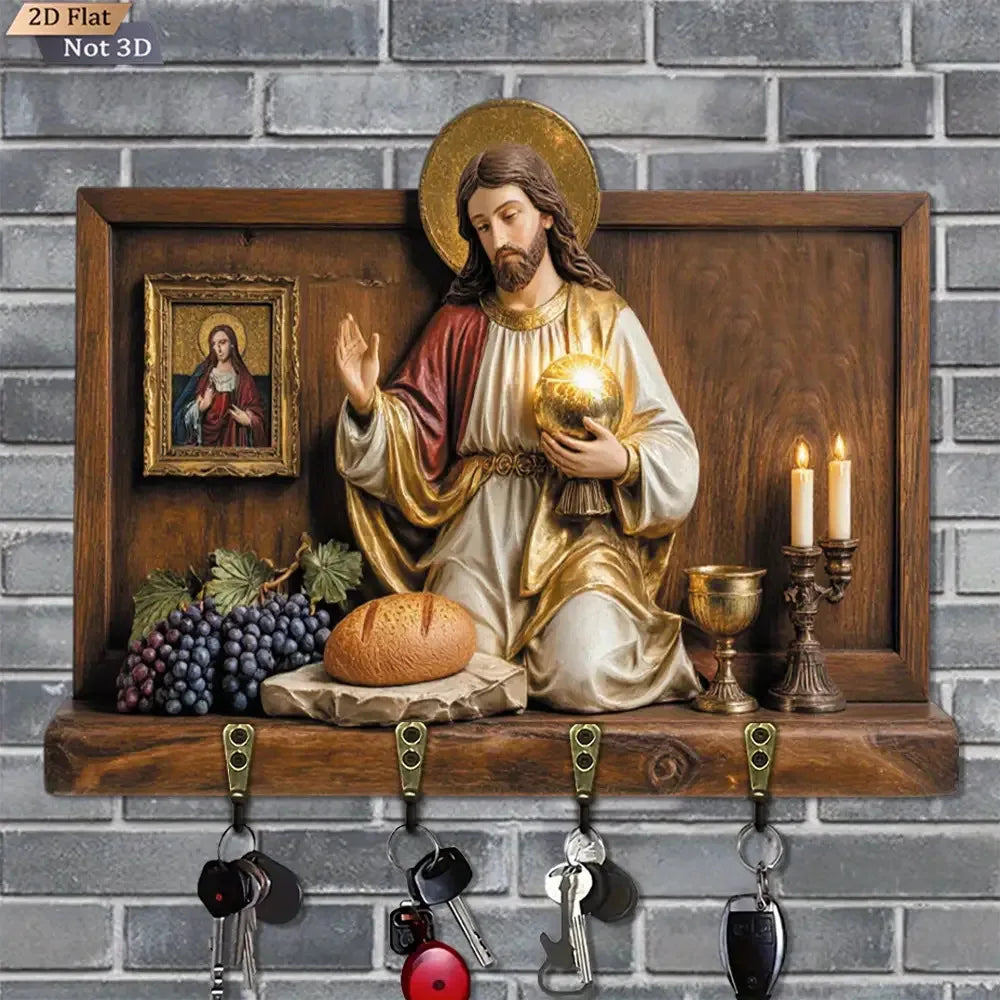 Portachiavi da Parete Legno Sacro Cuore - 4 Ganci Metallo Decorazione Casa