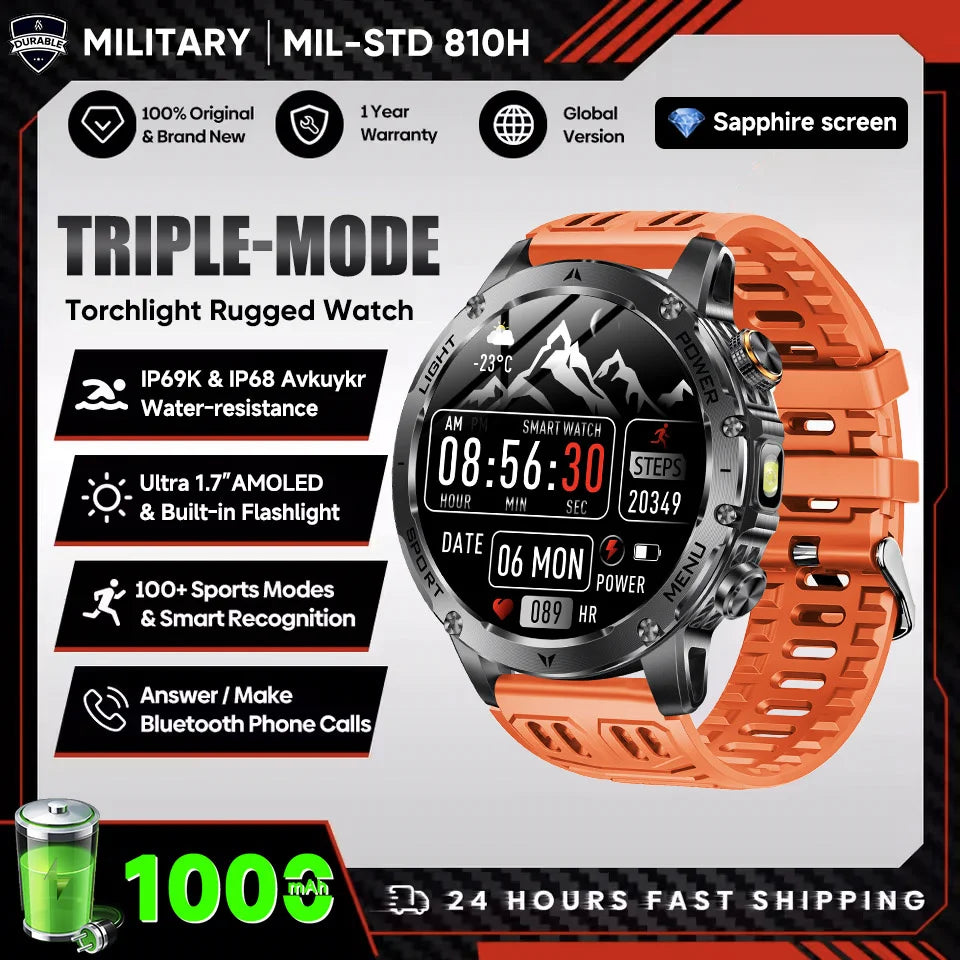 New Men Military Outdoor 1000mAh Battery Smart Watch GPS NFC Watches 3ATM Waterproof Swim 1.7-inch HD Bluetooth Call Smartwatch