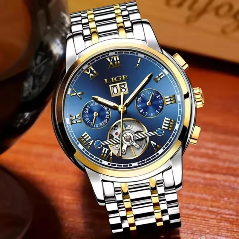 LIGE Orologio Uomo Automatico Tourbillon Meccanico - Luxury Business Impermeabile Sport