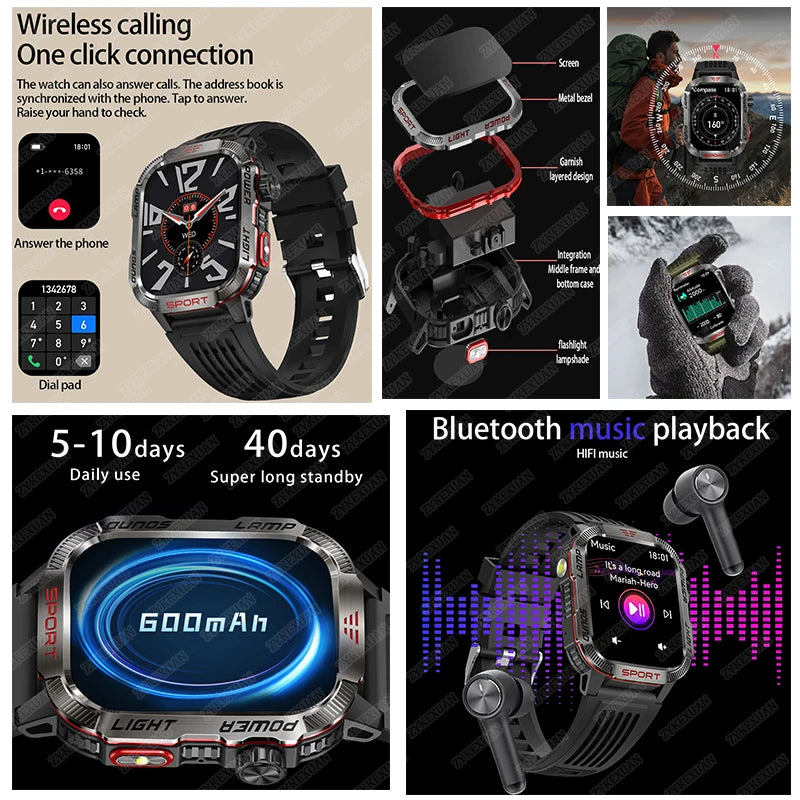 2025 New LED Flashlight Smart Watch Men Bluetooth Call Waterproof 600mAh Large Battery Smartwatch Heart Rate Monitor Smart Watch