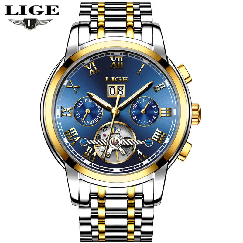 LIGE Orologio Uomo Automatico Tourbillon Meccanico - Luxury Business Impermeabile Sport