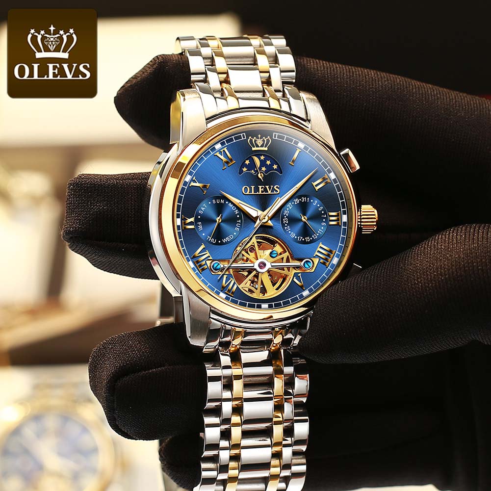 Men Watch Automatic Mechanical Business Skeleton Slef-Wind Luxury Stainless Steel Waterproof Luminous Wrist Watch-2