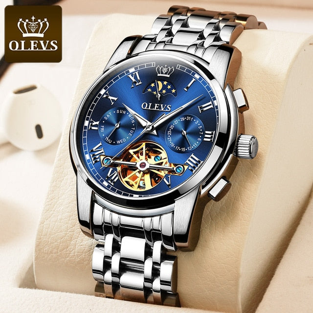 Men Watch Automatic Mechanical Business Skeleton Slef-Wind Luxury Stainless Steel Waterproof Luminous Wrist Watch-3