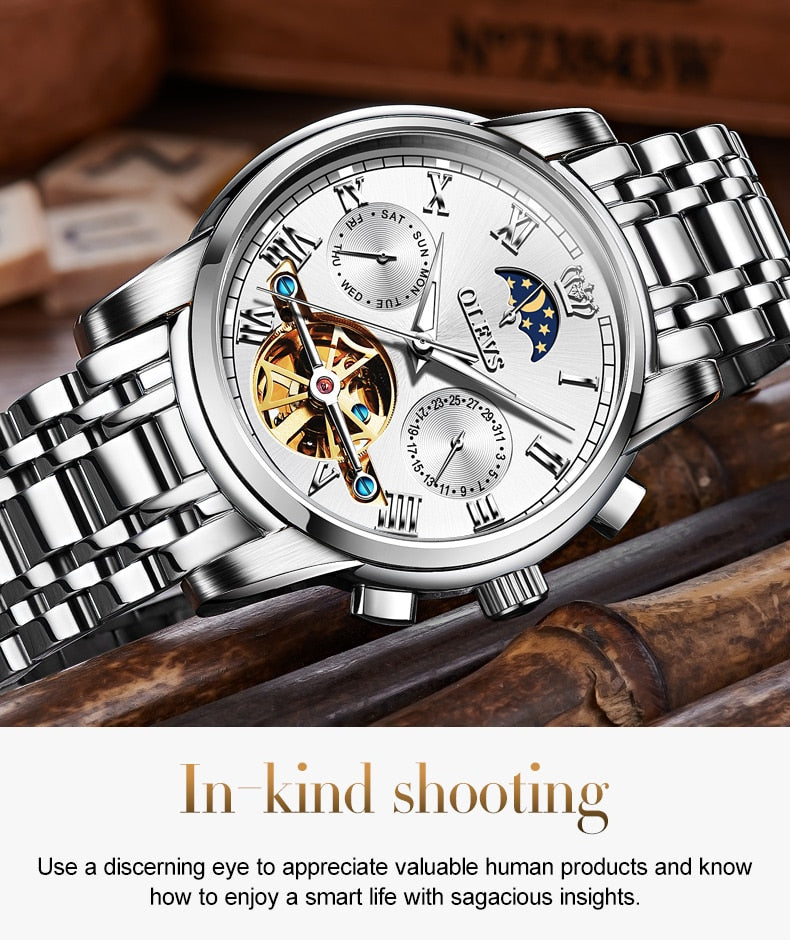 Men Watch Automatic Mechanical Business Skeleton Slef-Wind Luxury Stainless Steel Waterproof Luminous Wrist Watch-4